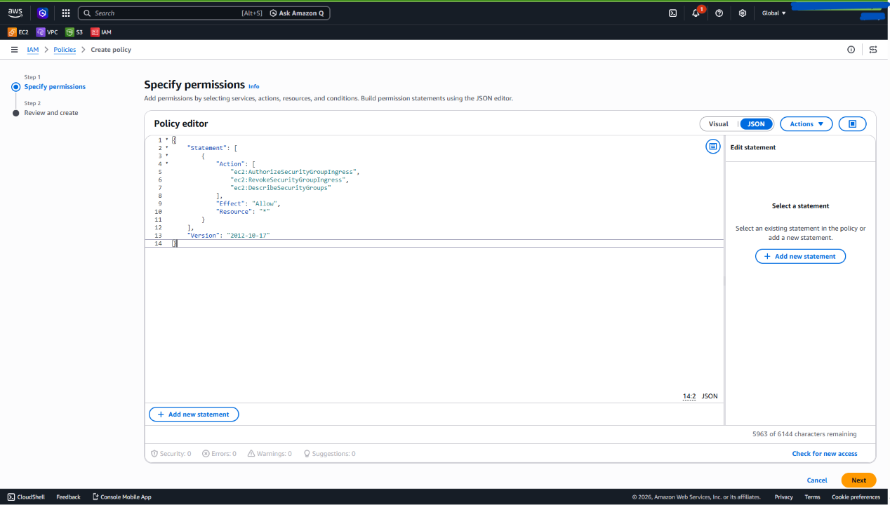 AWS IAM policy JSON editor with MyIP Access Security Group permissions