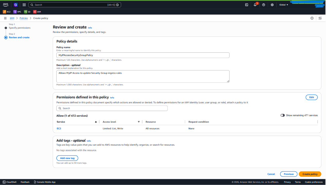 AWS IAM policy review page showing the MyIPAccessSecurityGroupPolicy name and description