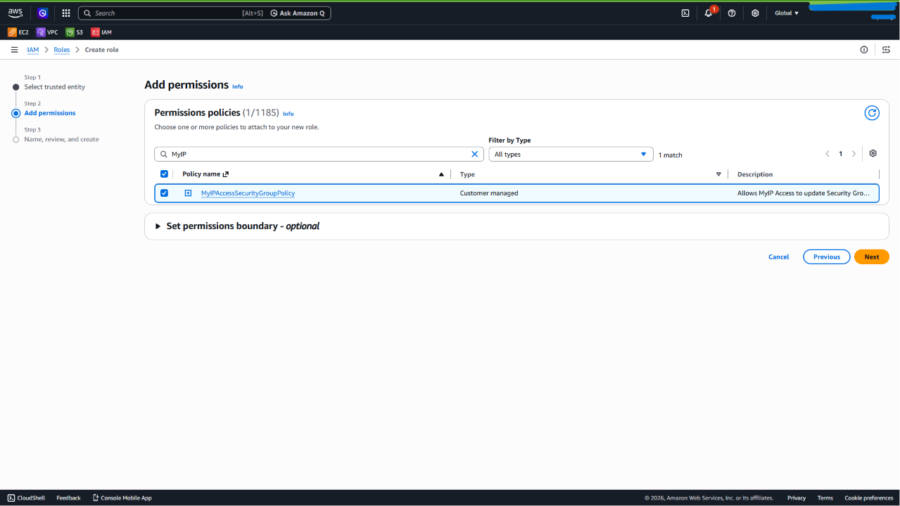 AWS IAM role permissions page with MyIPAccessSecurityGroupPolicy selected