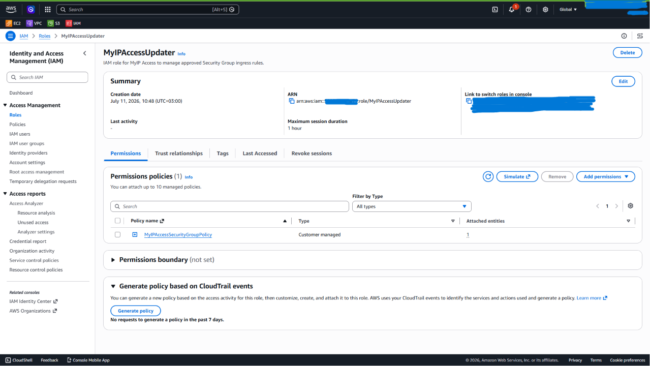 AWS IAM role summary page showing the role ARN and attached permissions policy