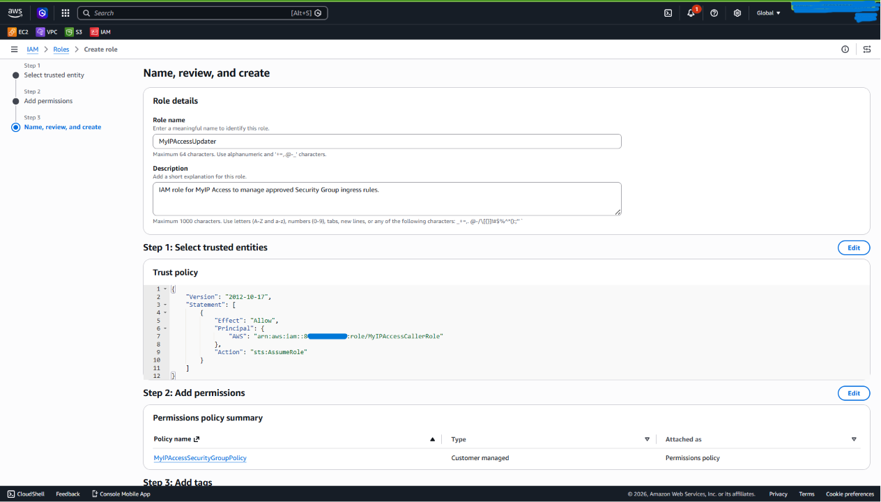 AWS IAM role review page showing MyIPAccessUpdater role details and attached policy