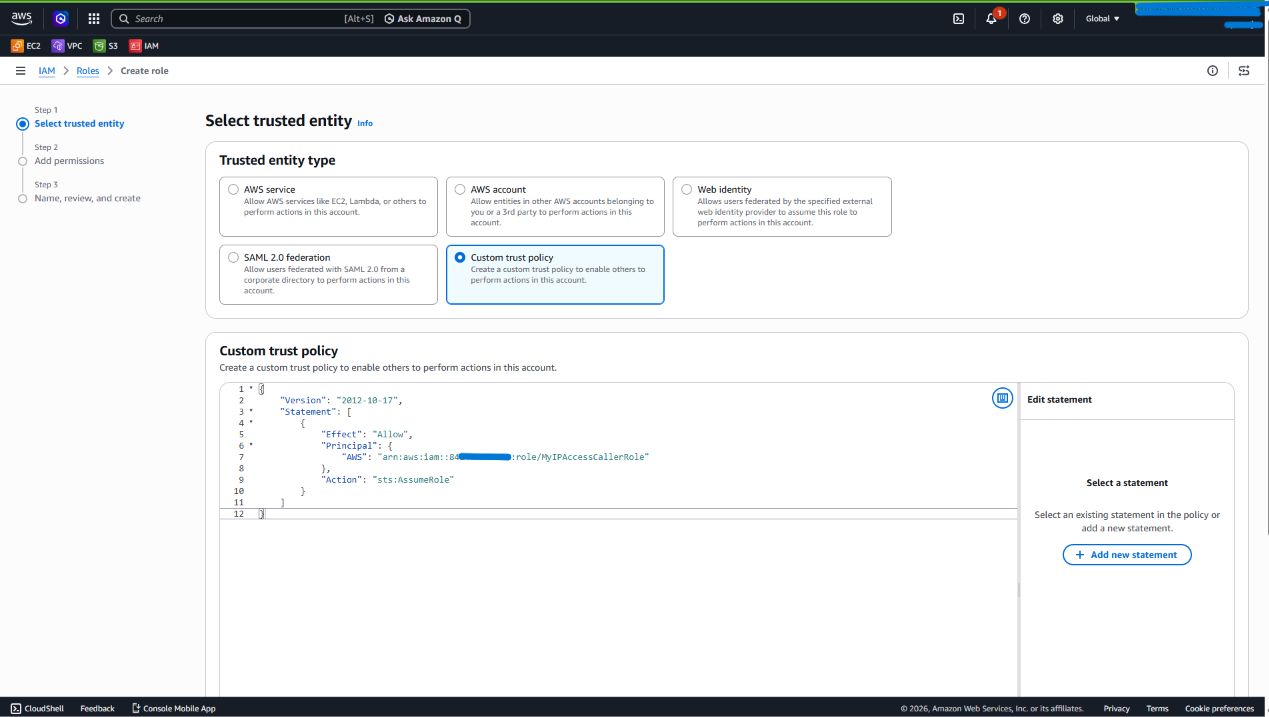 AWS IAM create role page with custom trust policy selected