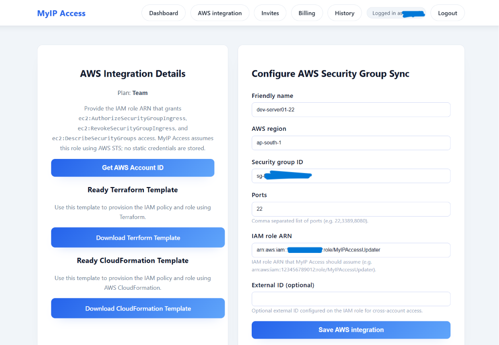 MyIP Access AWS integration form with region, security group ID, ports, and IAM role ARN