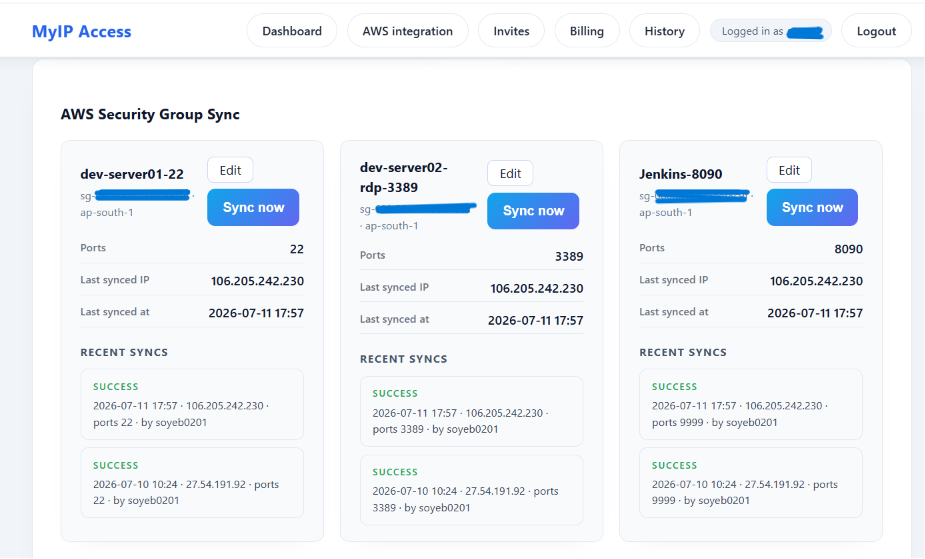 MyIP Access dashboard showing Security Group sync cards and recent sync history